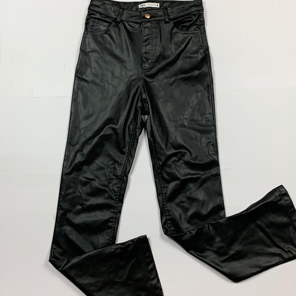 Zara Faux Leather Black Flare Trousers High Waist Pants Slits by Hem Size 4 - Picture 3 of 9